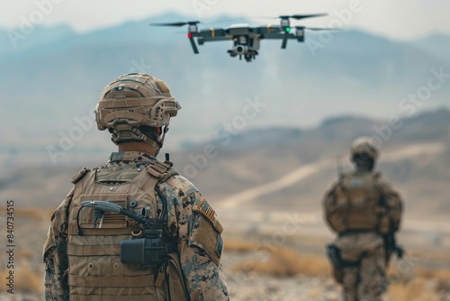 Marines establishing a tactical perimeter surveillance with drone technology