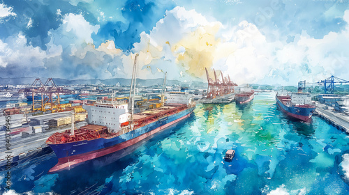 Wide-angle view of a shipping port with idle grain ships and empty docks, highlighting the grain crisis, watercolor illustration 