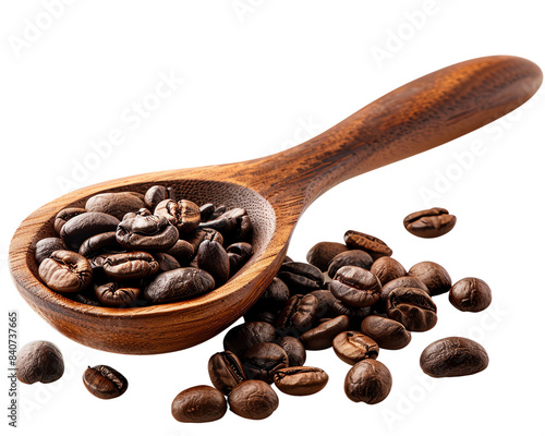 Wooden spoon filled with roasted coffee beans and scattered beans isolated on white background. Perfect for coffee-related projects.