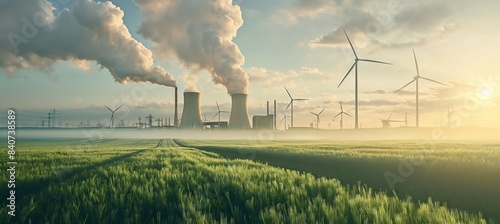 A power plant releasing smoke into the air in a green landscape, with wind turbines and a sky filled with clouds and sunbeams.