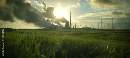 A power plant releasing smoke into the air in a green landscape, with wind turbines and a sky filled with clouds and sunbeams.