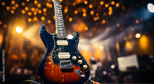 Electric Guitar On Stage. A close-up shot of an electric guitar on a stage with a blurred background of lights and a crowd.