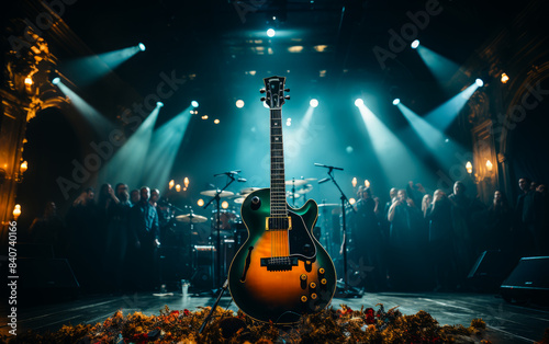 Guitar on Stage With Spotlights. A guitar sits on a stage with spotlights shining down on it, a crowd of people out of focus in the background.