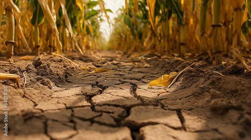 Closeup of dry, cracked soil in a drought-stricken corn plantation with dead leaves scattered around 