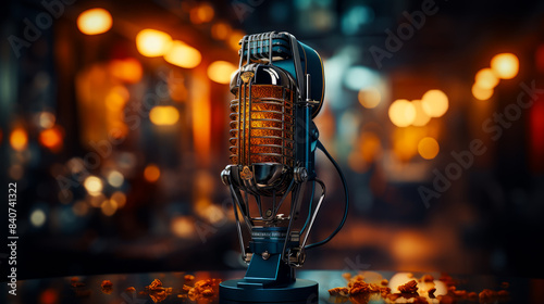 Vintage Microphone in a Nightclub. A vintage microphone sits on a table in a nightclub, illuminated by warm, orange lights.
