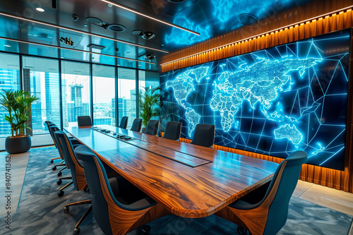 Empty boardroom in a modern office building with a world map on the wall