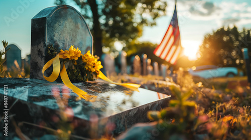 Low-angle shot of a military gravestone with a Medal of Honor ribbon draped over it and an American flag beside it 