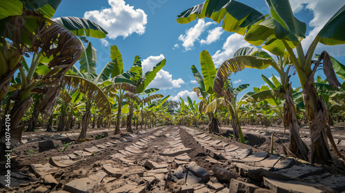 Wide-angle view of a banana plantation with drooping leaves and cracked soil due to drought 