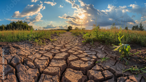 Wide-angle view of a cracked earth pathway through a dry plantation with no greenery in sight 