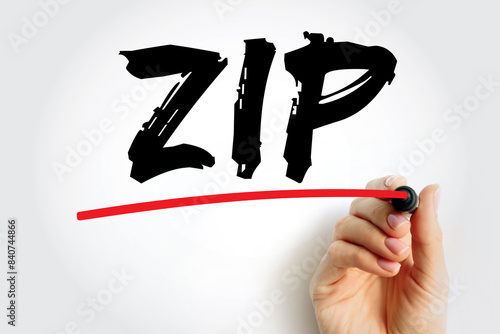 ZIP - Zone Improvement Plan the acronym to indicate that mail travels more quickly when senders mark the postal code on their packages and envelopes, text concept background