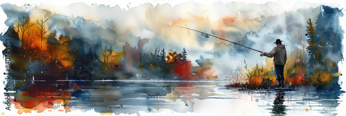 Watercolor painting of a man fishing with a rod at the riverside.