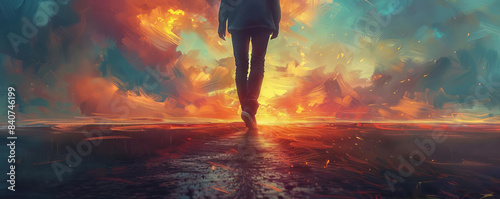 Person walking into a vibrant sunset over water with colorful clouds, showcasing solitude and tranquility.