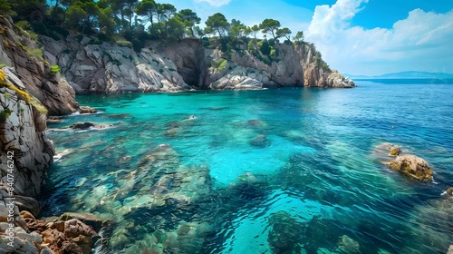 beaches of Costa Brava with crystal-clear turquoise waters and rugged cliffs 8k.