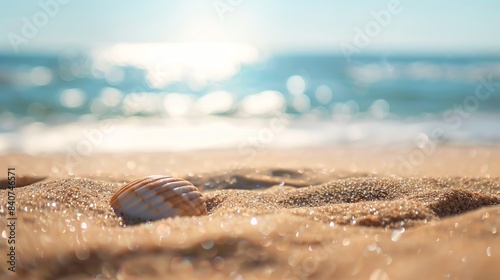 A sea shell on sandy beach with tropical blue sea