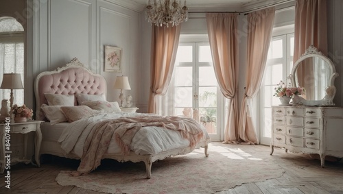 Soft and feminine interior design ideas, shabby chic bedroom with daylight, white and pastel colors, distressed furniture, and cozy vintage decor