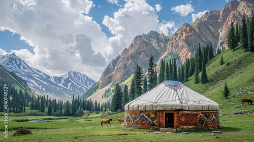 a yurt in the grassland, on a green meadow with a blue sky and white clouds. A traditional Kazakh yurt building among mountains and forest.