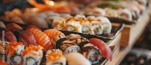 An artistic close-up of fresh, assorted sushi rolls placed neatly on a plate, showcasing the diverse textures and ingredients of traditional Japanese cuisine.