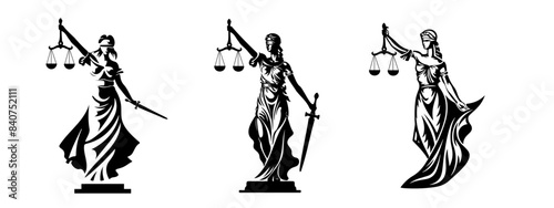 Elegant Lady Justice Logo Set, Monochrome Lady Justice Illustrations