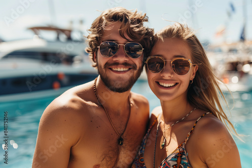 Caucasian man and woman in swimsuits are touring the sea on a large yacht in the harbor.