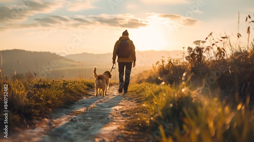 a person walking a dog on a trail in the mountains at sunset