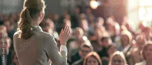 A young woman in a professional setting addresses a group, using expressive gestures, captured mid-sentence during a presentation.