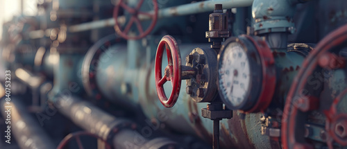 Detailed close-up of rusty industrial pipes and gauges with markings, capturing the gritty texture and utilitarian details of machinery.
