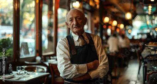 a man standing in a restaurant with his arms crossed
