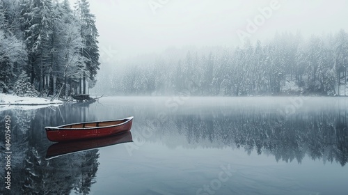 a boat in still lake water in winter with snow covering forest