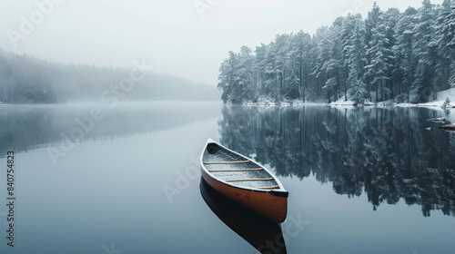 a boat in still lake water in winter with snow covering forest