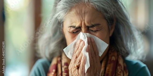 Managing Discomfort Elderly Woman Discreetly Blowing Nose and Coughing into Tissue. Concept Elderly Care, Discreet Hygiene, Health Management, Sensitivity, Respectful Support