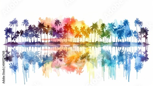 Beautiful watercolor painting of tropical beach with coconut trees for poster greeting card design