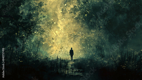 fantasy background of a evocative scene where a solo traveler embarks on a journey through a surreal landscape, where the path ahead is illuminated by the faint glow of abstract feelings and emotions