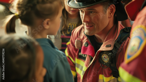 A firefighter in uniform kneels to talk warmly with a smiling child, embodying trust and admiration in a community setting.