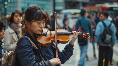 A street violinist passionately plays her instrument amidst a bustling city crowd, merging the beauty of music with urban daily life.