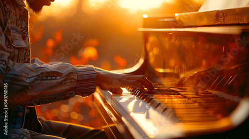 Black Man Playing Piano on a Beautiful Background, Black grand piano player, jazz performance, Male pianist hands on grand piano keyboard, Close up of a organist playing a pipe organ, Generative Ai 