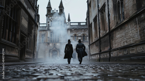 Two figures walk down a cobblestone street in Victorian attire, beneath foggy skies, capturing a moment of historical charm.