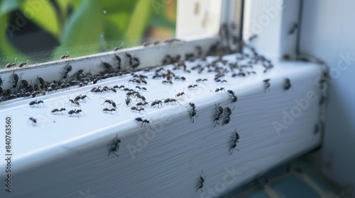 A large group of ants inspeing a windowsill in a home, emphasizing their organized trail and busy nature.