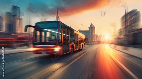 A red bus accelerates through a bustling city street, bathed in the warm, dramatic glow of an absorbing sunset.