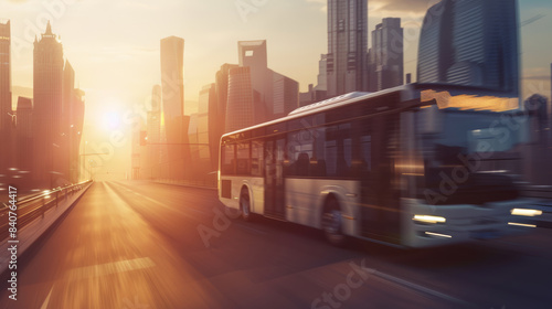A sleek bus zooms through a modern cityscape bathed in the golden hues of a setting sun, capturing a moment of urban life in motion.