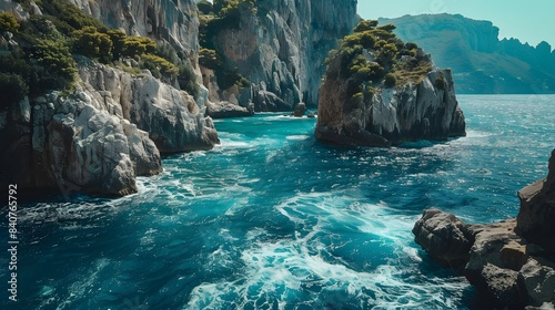 The stunning blue waters and rocky cliffs of Capri, Italy, 8k.