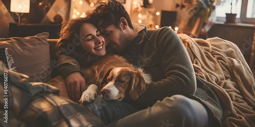 Couple with dog snuggling in cozy home setting