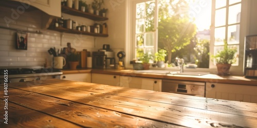 Wooden countertop in the kitchen, positioned by a window that overlooks the surrounding space.