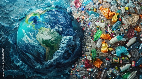 Earth drowning in plastic waste with waves