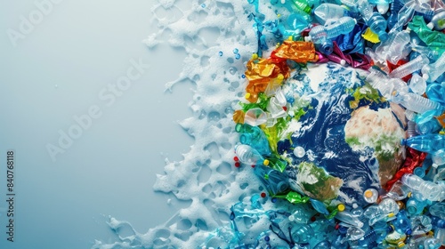 Drowning Earth in plastic waste on a clear blue background