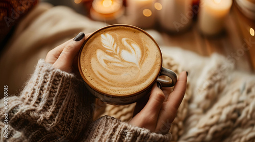 woman hands holding the cup cappuccino foam on top of latte in a cozy living room background