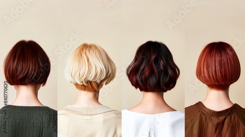Back view collage of short haircuts in various shades: brunette, blonde, chestnut, and red, minimalistic design, photorealistic, highlighting hair color diversity