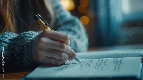 Close-up of a woman's hand taking notes, photorealistic, with large copy space, perfect for highlighting studying, working, and educational themes