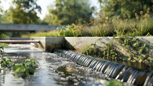 Close-up view of a water recycling landscape, capturing storm water, rain water, and waste water, with a focus on sustainable reuse, photorealistic design