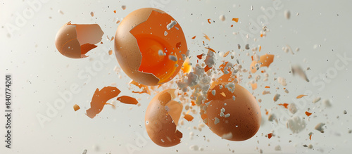 The dramatic impact of an egg breaking open on a white background, captured with precision in stunning full ultra HD detail, the shell fragments scattered in mid-air, rendered flawlessly in 32k