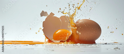 The dramatic moment of an egg breaking open on a pristine white background, captured with precision in breathtaking full ultra HD detail, each fracture visible.